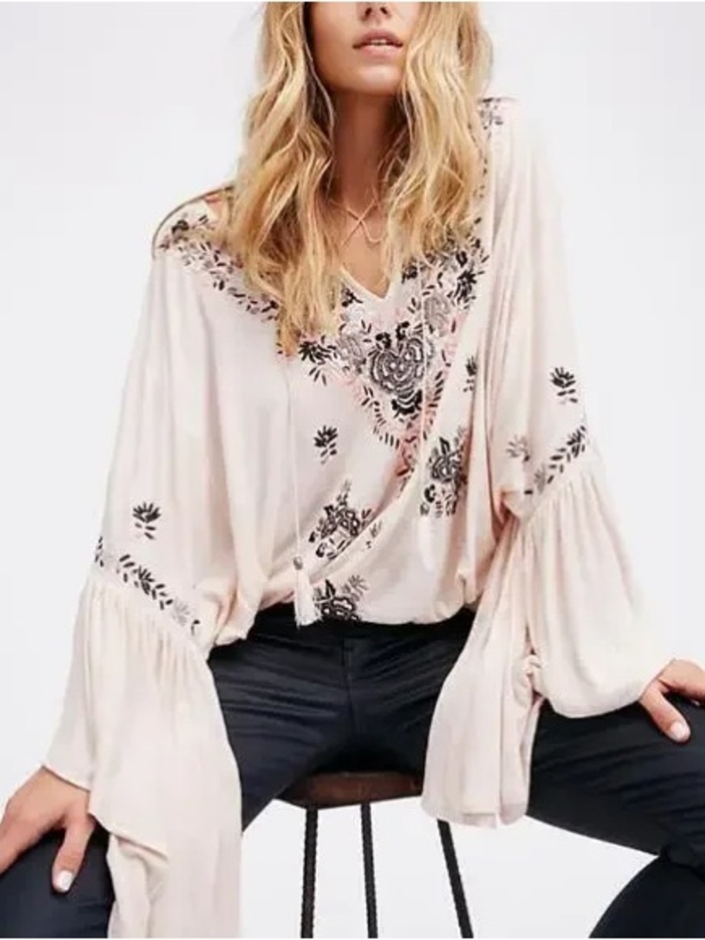 Free people embroidered bell sleeves casual top siren song